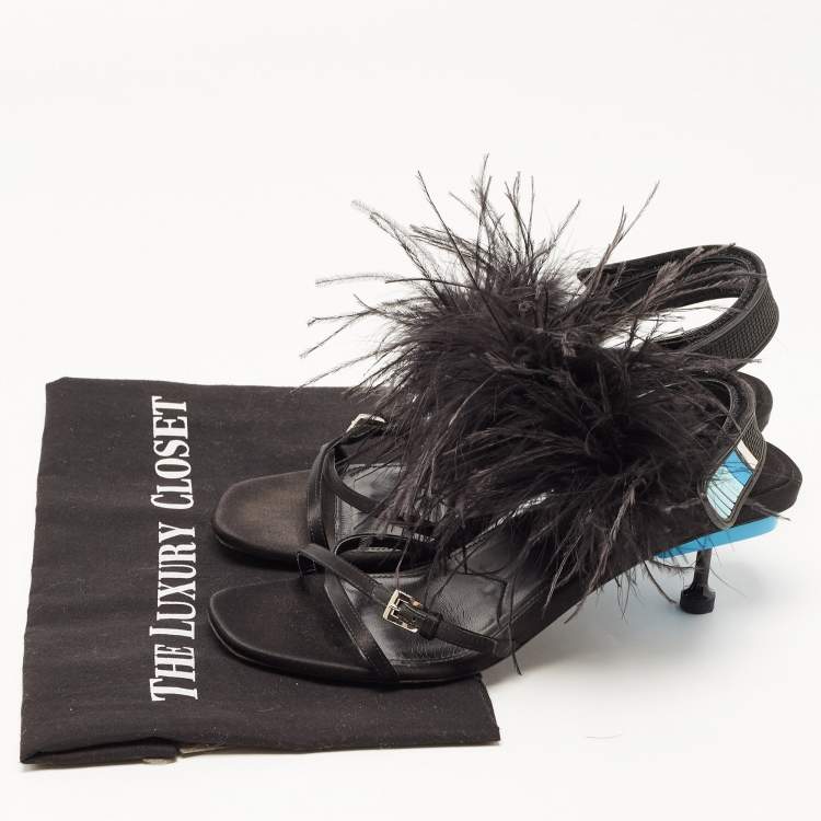 Pre Owned Prada Black Feather and Satin Slingback Sandals Size 38