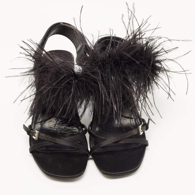 Pre Owned Prada Black Feather and Satin Slingback Sandals Size 38