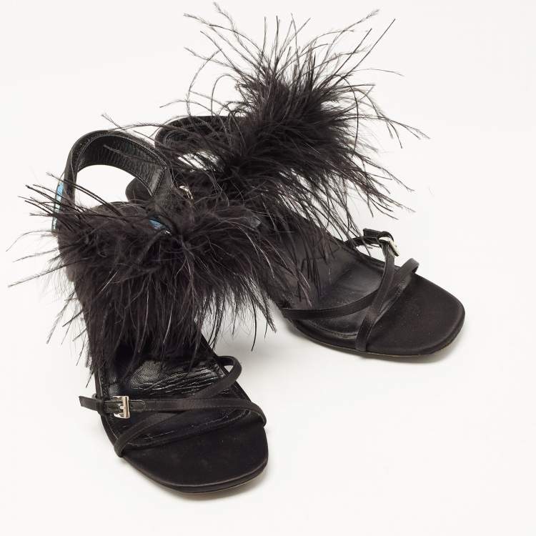 Pre Owned Prada Black Feather and Satin Slingback Sandals Size 38
