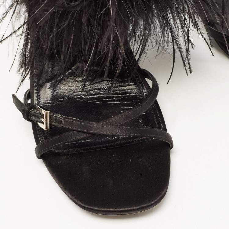 Pre Owned Prada Black Feather and Satin Slingback Sandals Size 38