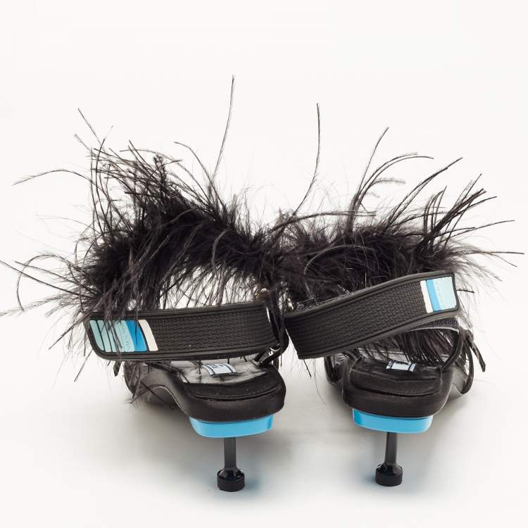 Pre Owned Prada Black Feather and Satin Slingback Sandals Size 38