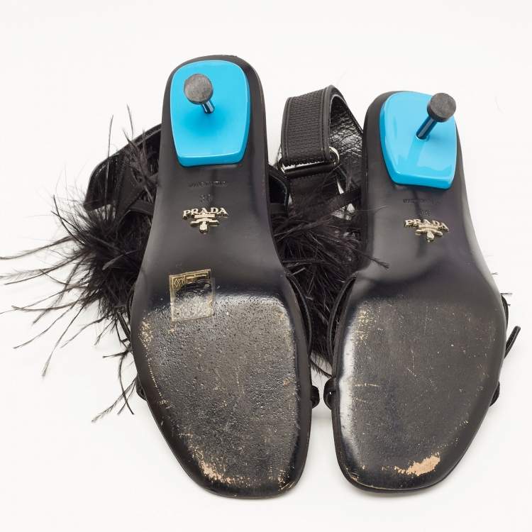 Pre Owned Prada Black Feather and Satin Slingback Sandals Size 38