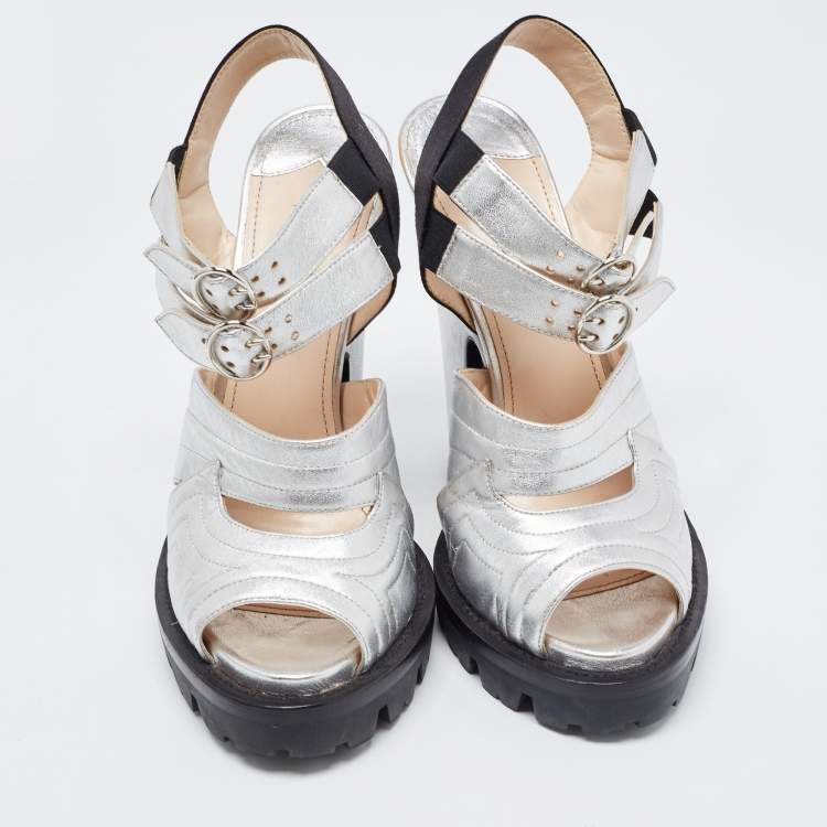 Pre Owned Prada Silver/Black Leather and Satin Double Ankle Strap Sandals Size 38