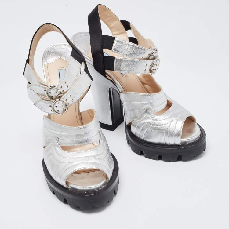 Pre Owned Prada Silver/Black Leather and Satin Double Ankle Strap Sandals Size 38