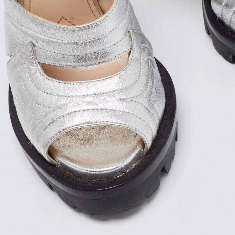 Pre Owned Prada Silver/Black Leather and Satin Double Ankle Strap Sandals Size 38