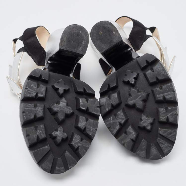 Pre Owned Prada Silver/Black Leather and Satin Double Ankle Strap Sandals Size 38