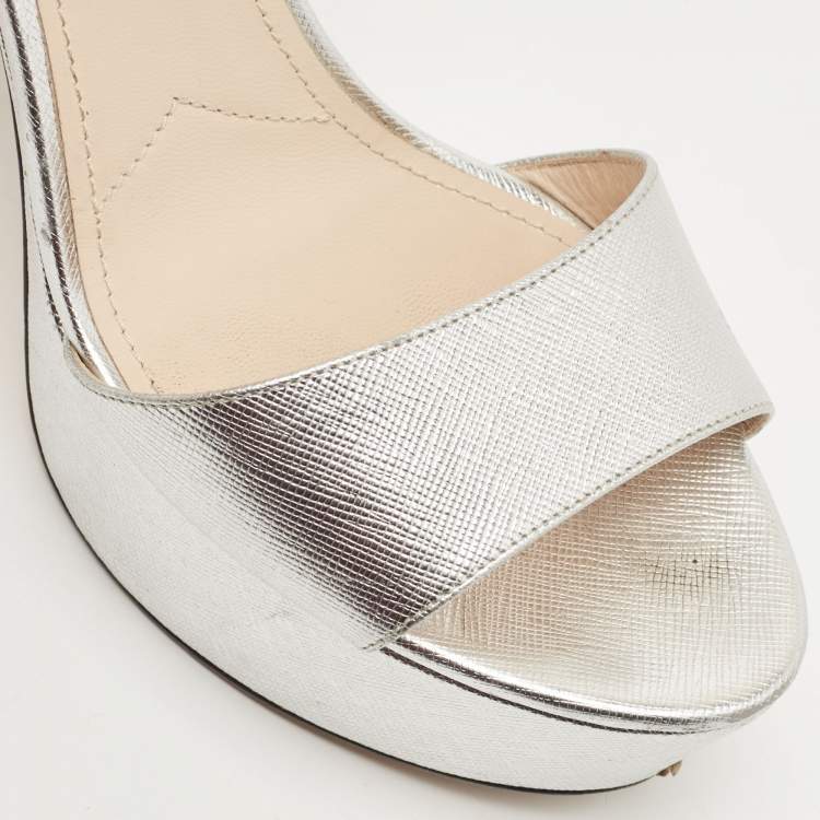 Pre Owned Prada Silver Leather Ankle Strap Sandals Size 39