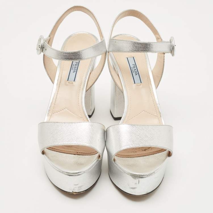 Pre Owned Prada Silver Leather Ankle Strap Sandals Size 39