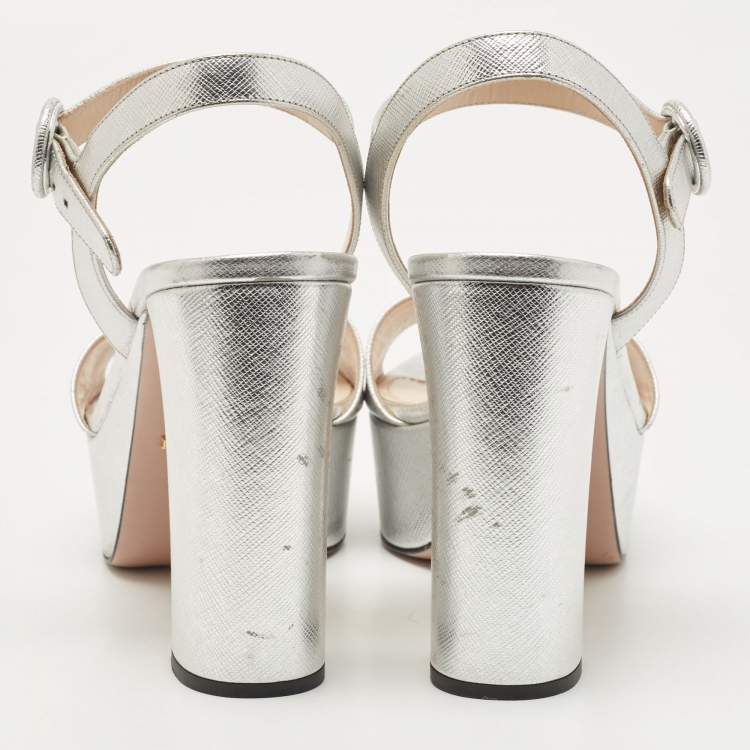 Pre Owned Prada Silver Leather Ankle Strap Sandals Size 39