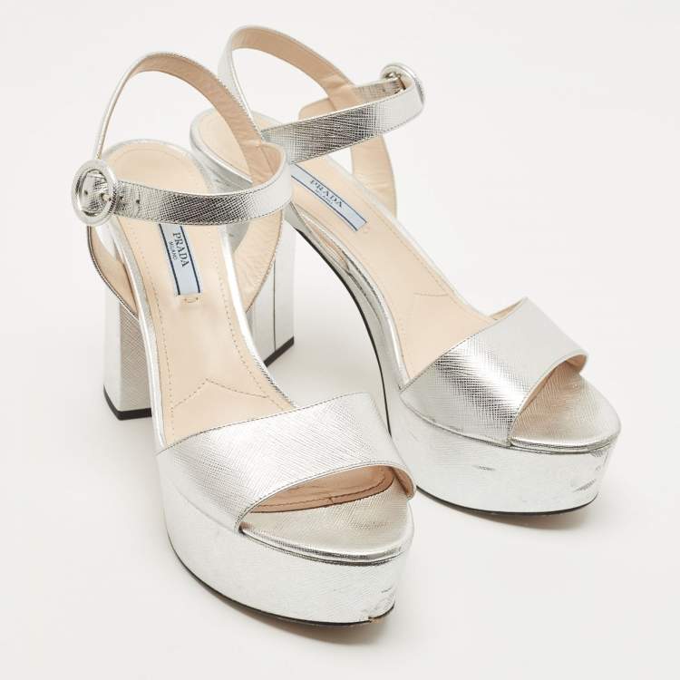 Pre Owned Prada Silver Leather Ankle Strap Sandals Size 39