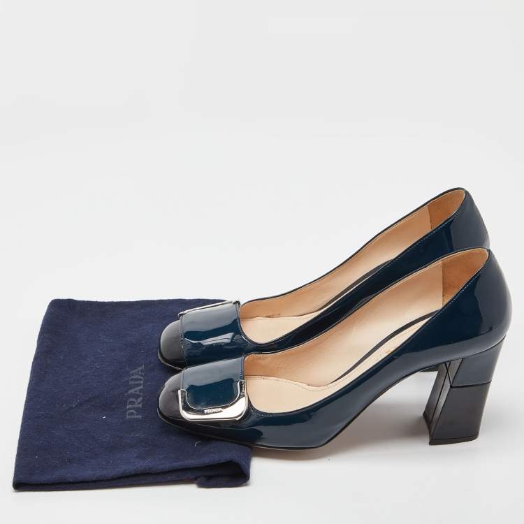 Pre Owned Prada Blue/Black Patent Leather Buckle Square Toe Pumps Size 38