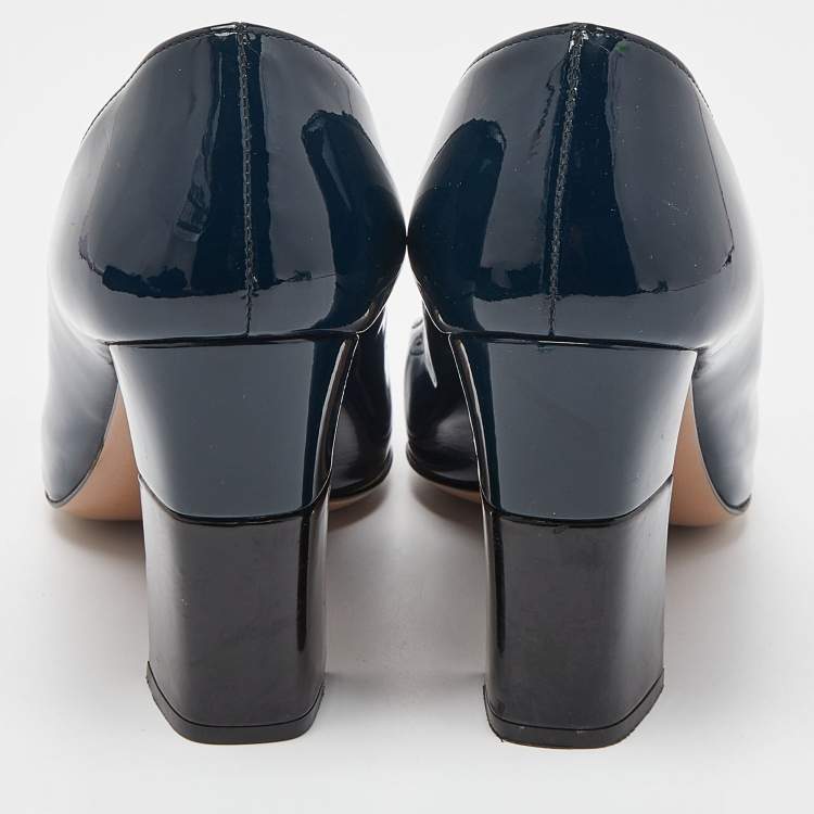 Pre Owned Prada Blue/Black Patent Leather Buckle Square Toe Pumps Size 38