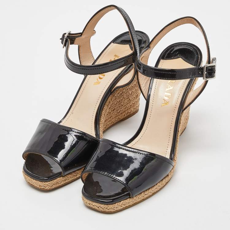 Pre Owned Prada Black Patent Leather Espadrille Wedge Ankle Strap Sandals Size 37.5