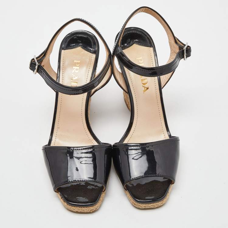 Pre Owned Prada Black Patent Leather Espadrille Wedge Ankle Strap Sandals Size 37.5