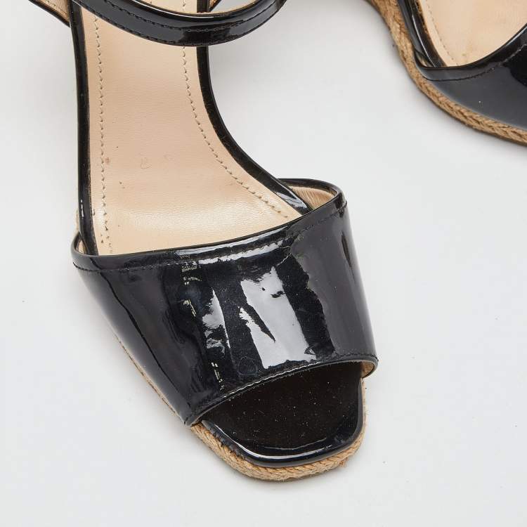 Pre Owned Prada Black Patent Leather Espadrille Wedge Ankle Strap Sandals Size 37.5