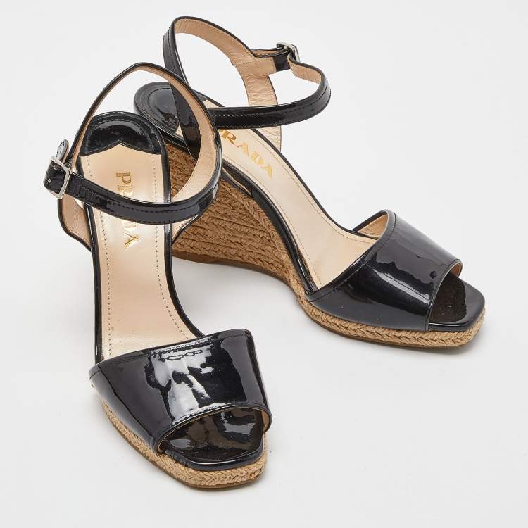Pre Owned Prada Black Patent Leather Espadrille Wedge Ankle Strap Sandals Size 37.5