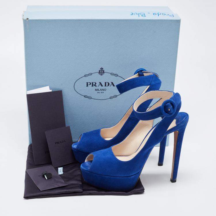 Pre Owned Prada Blue Suede Peep Toe Platform Ankle Strap Sandals Size 39