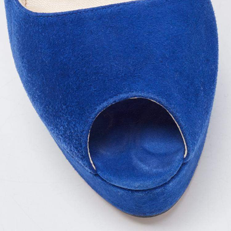 Pre Owned Prada Blue Suede Peep Toe Platform Ankle Strap Sandals Size 39
