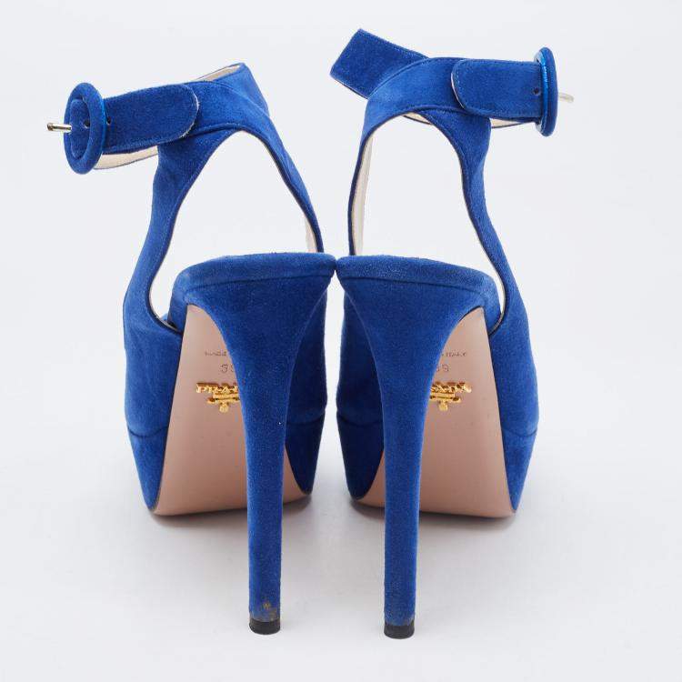 Pre Owned Prada Blue Suede Peep Toe Platform Ankle Strap Sandals Size 39
