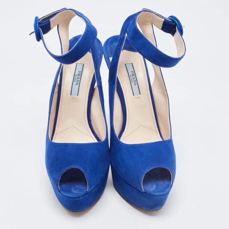 Pre Owned Prada Blue Suede Peep Toe Platform Ankle Strap Sandals Size 39