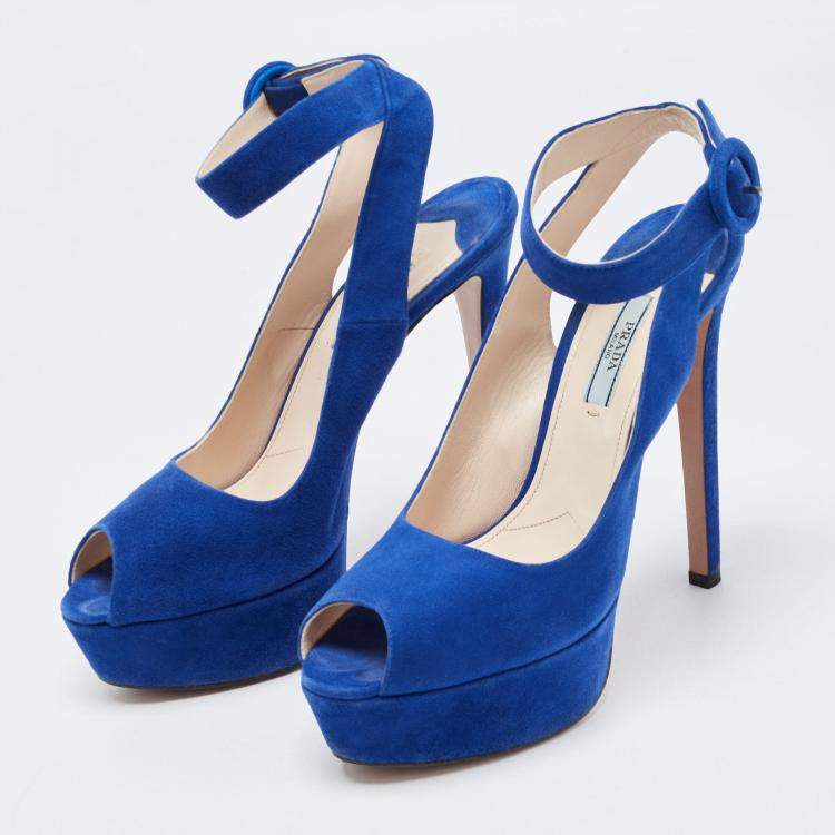 Pre Owned Prada Blue Suede Peep Toe Platform Ankle Strap Sandals Size 39