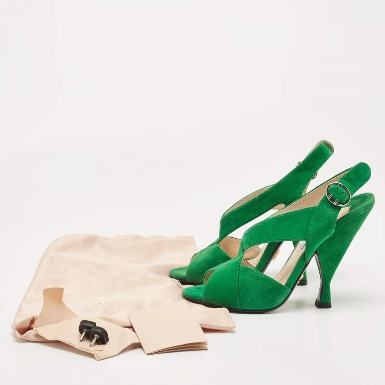 Pre Owned Prada Green Suede Criss Cross Open Toe Slingback Sandals Size 36.5