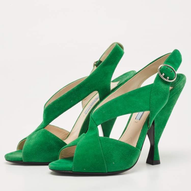 Pre Owned Prada Green Suede Criss Cross Open Toe Slingback Sandals Size 36.5