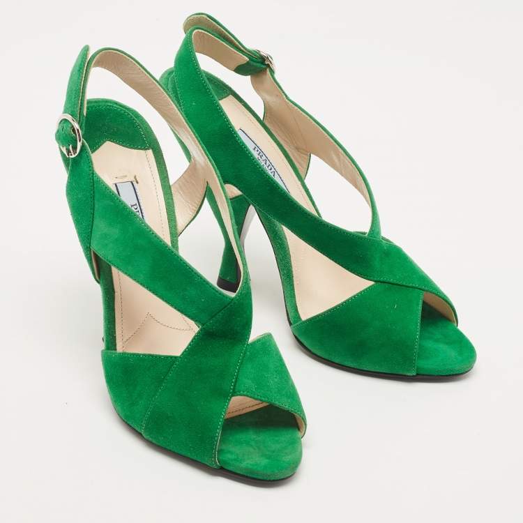 Pre Owned Prada Green Suede Criss Cross Open Toe Slingback Sandals Size 36.5