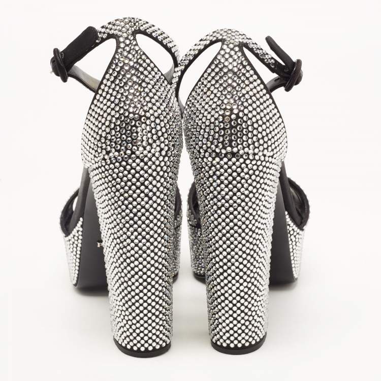 Pre Owned Prada Black/Silver Satin and Crystals Platform Sandals Size 39.5