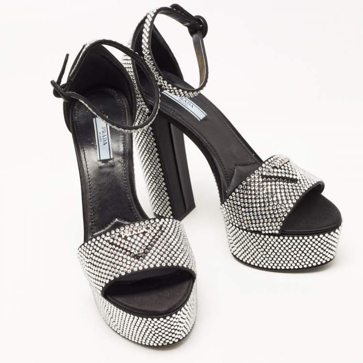 Pre Owned Prada Black/Silver Satin and Crystals Platform Sandals Size 39.5