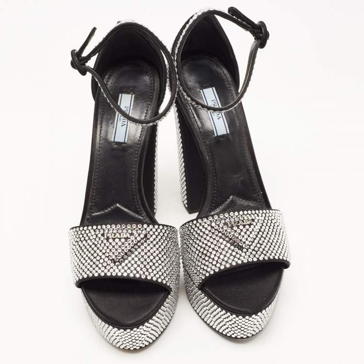 Pre Owned Prada Black/Silver Satin and Crystals Platform Sandals Size 39.5