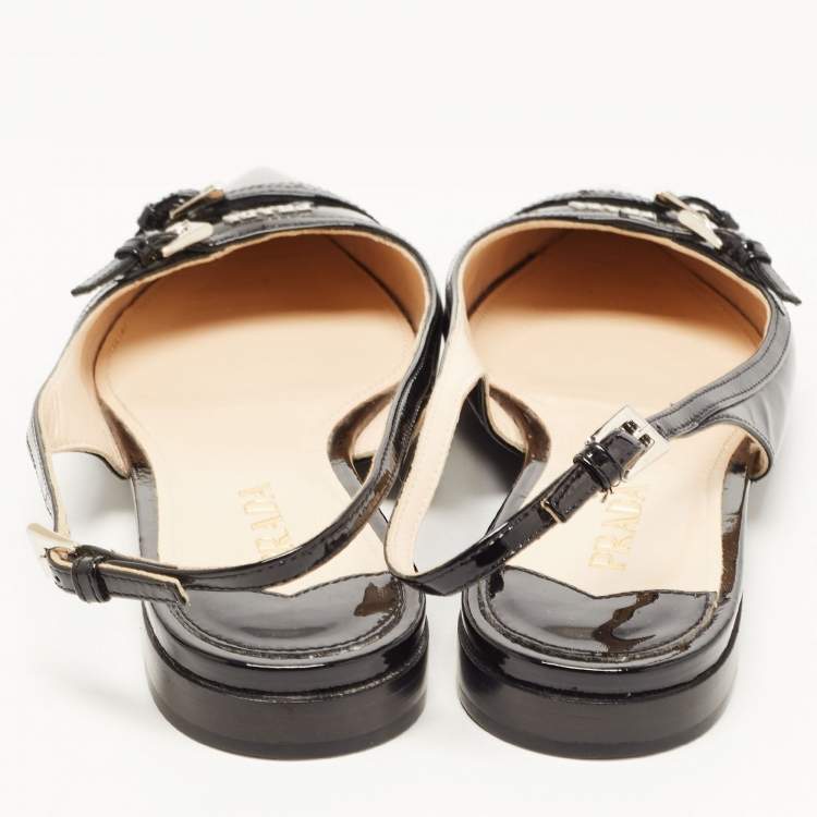 Pre Owned Prada Black Patent Leather Slingback Flats Size 36.5