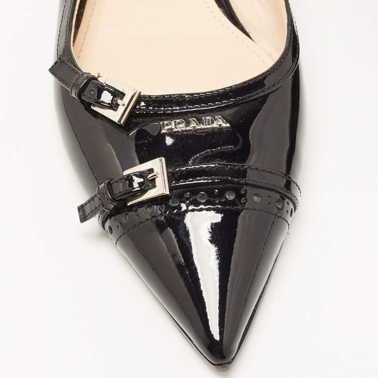 Pre Owned Prada Black Patent Leather Slingback Flats Size 36.5