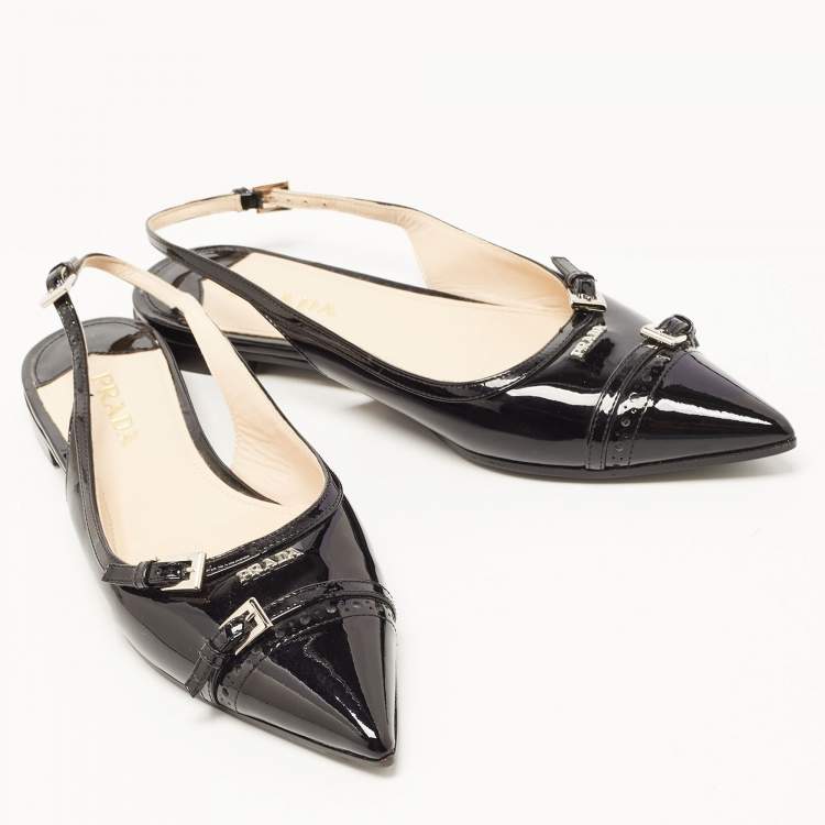 Pre Owned Prada Black Patent Leather Slingback Flats Size 36.5