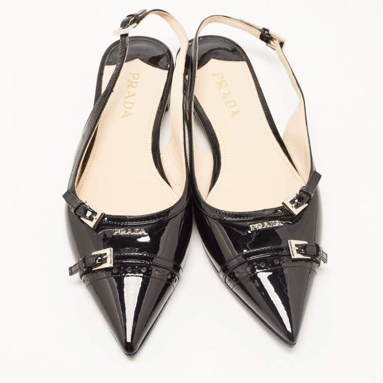 Pre Owned Prada Black Patent Leather Slingback Flats Size 36.5