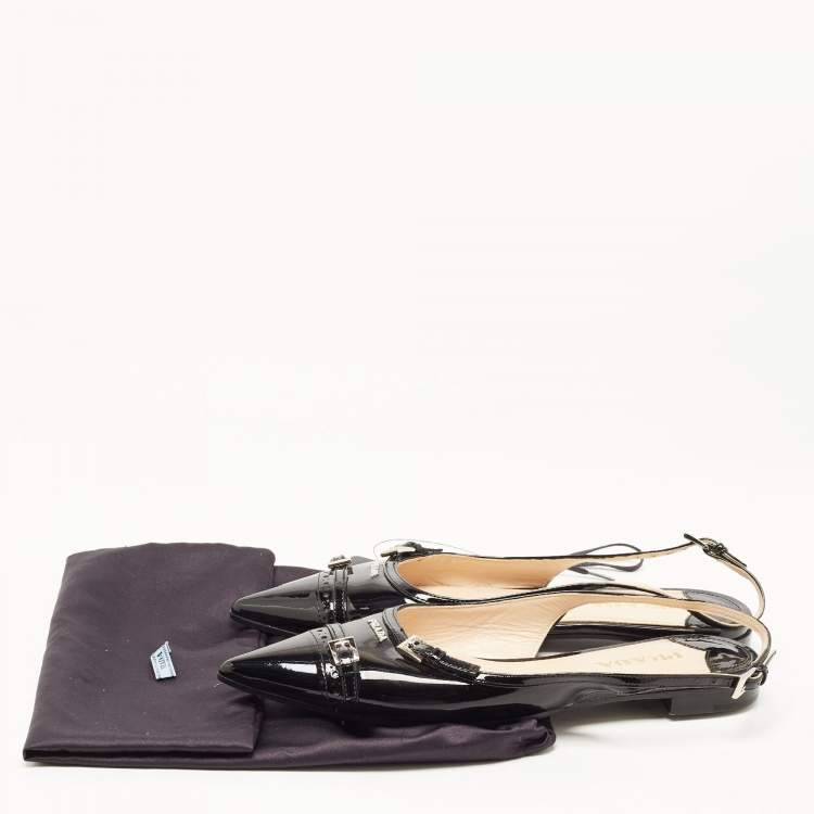 Pre Owned Prada Black Patent Leather Slingback Flats Size 36.5