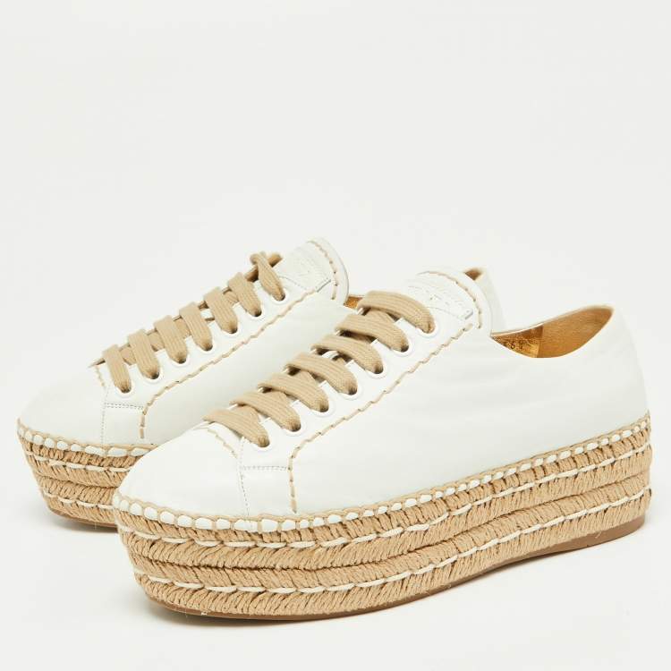 Pre Owned Prada Off White Leather Espadrille Wedge Sneakers Size 36.5
