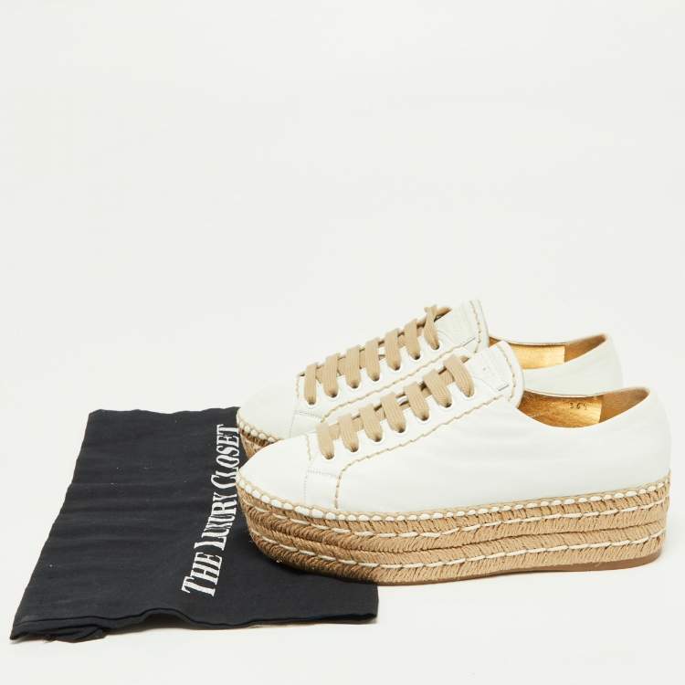 Pre Owned Prada Off White Leather Espadrille Wedge Sneakers Size 36.5