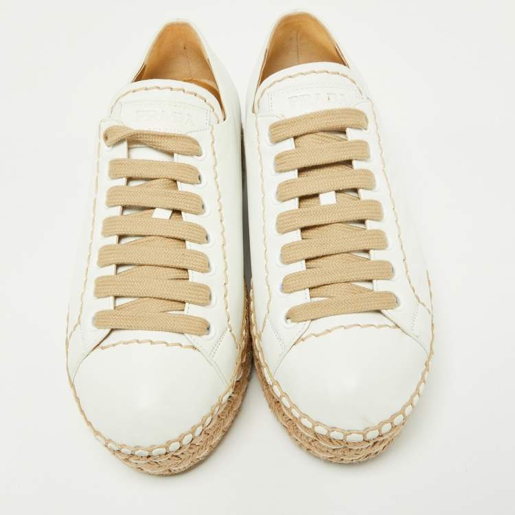 Pre Owned Prada Off White Leather Espadrille Wedge Sneakers Size 36.5
