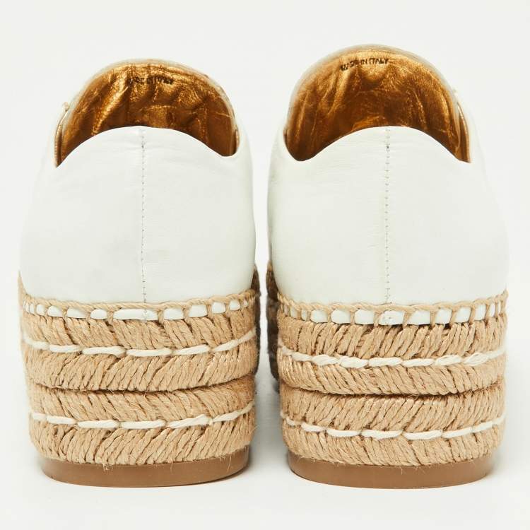 Pre Owned Prada Off White Leather Espadrille Wedge Sneakers Size 36.5