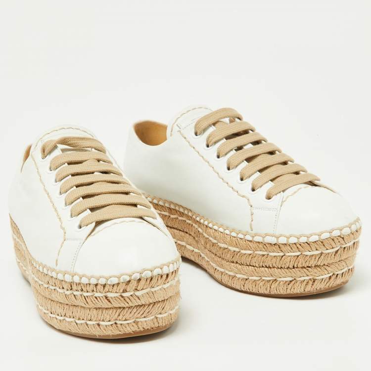 Pre Owned Prada Off White Leather Espadrille Wedge Sneakers Size 36.5