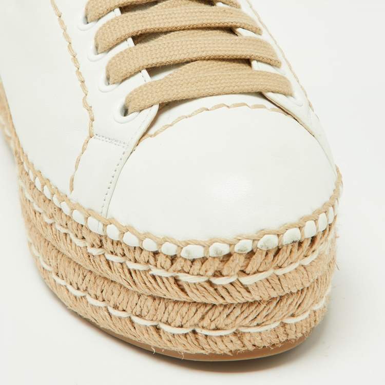Pre Owned Prada Off White Leather Espadrille Wedge Sneakers Size 36.5