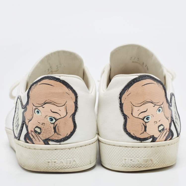 Pre Owned Prada White Leather Comic Strip Low Top Sneakers Size 37.5