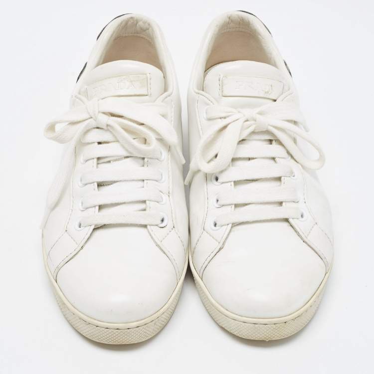 Pre Owned Prada White Leather Comic Strip Low Top Sneakers Size 37.5