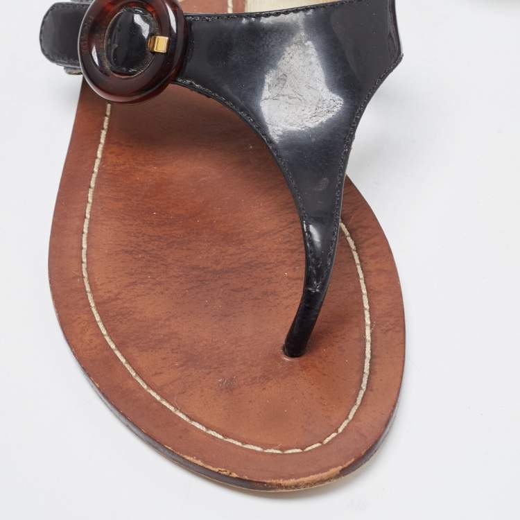 Pre Owned Prada Black Patent Leather Thong Flats Size 37.5