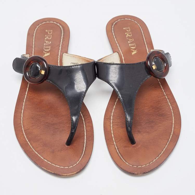 Pre Owned Prada Black Patent Leather Thong Flats Size 37.5