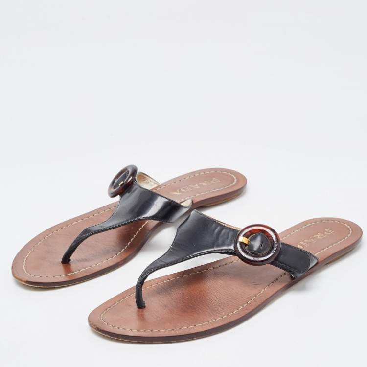 Pre Owned Prada Black Patent Leather Thong Flats Size 37.5