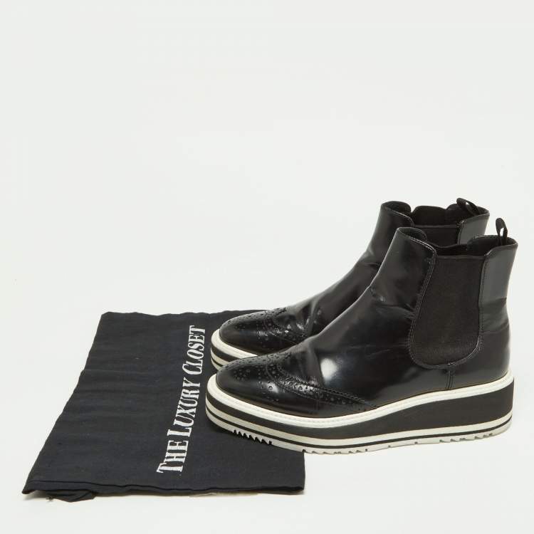 Pre Owned Prada Black Patent Leather Micro Sole Wing Tip Chelsea Boots Size 35