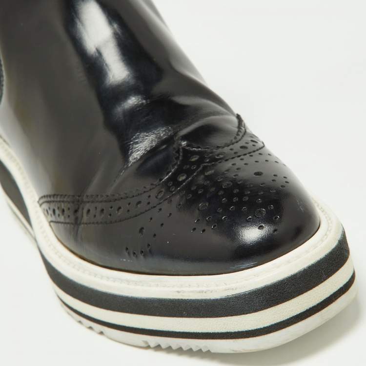 Pre Owned Prada Black Patent Leather Micro Sole Wing Tip Chelsea Boots Size 35