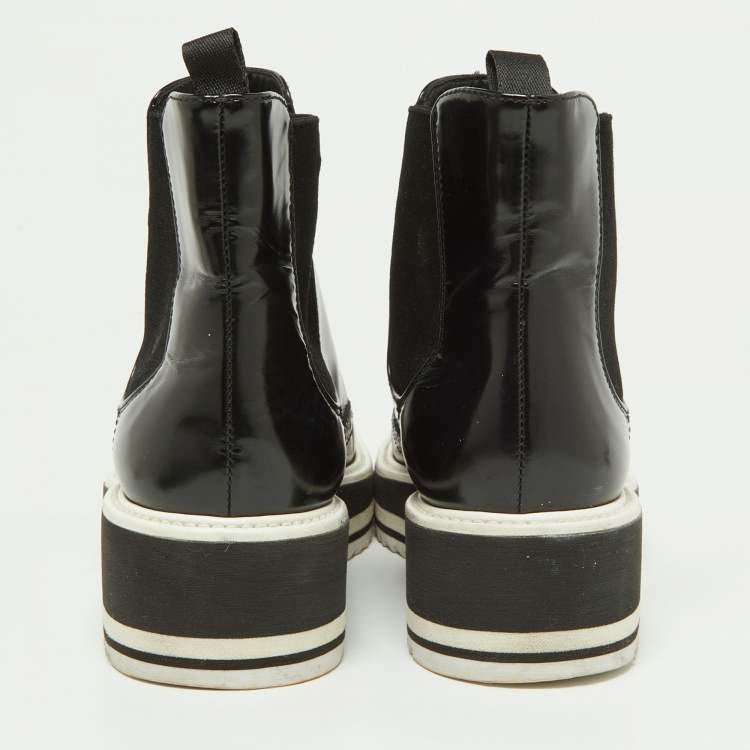 Pre Owned Prada Black Patent Leather Micro Sole Wing Tip Chelsea Boots Size 35